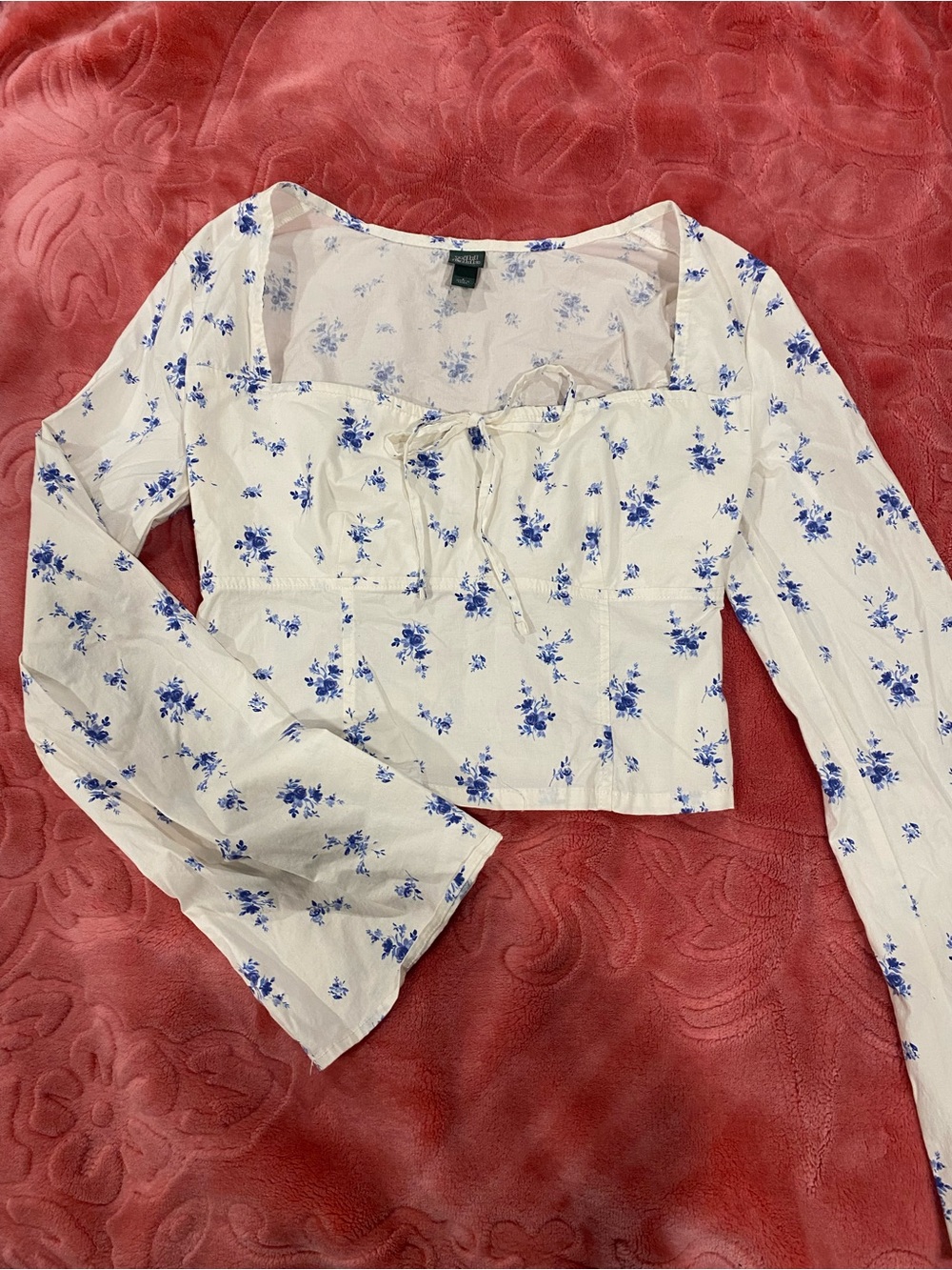 Floral Tie-Front Square Neck Long Sleeve Top - White with Blue Floral